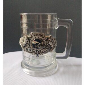 Vintage Denver Broncos Clear Glass Beer Mug With Pewter Emblem 5"1/4x3"1/4